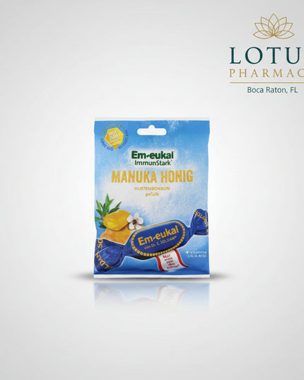 Em-eukal® Manuka Honey Filled Cough Drops are premium German throat candies featuring a soft aromatic filling and 11% genuine Manuka honey from New Zealand with MGO 300+ quality. They combine the rich sweetness of Manuka honey with a delicate herbal note, peppermint, eucalyptus oil, and menthol.
