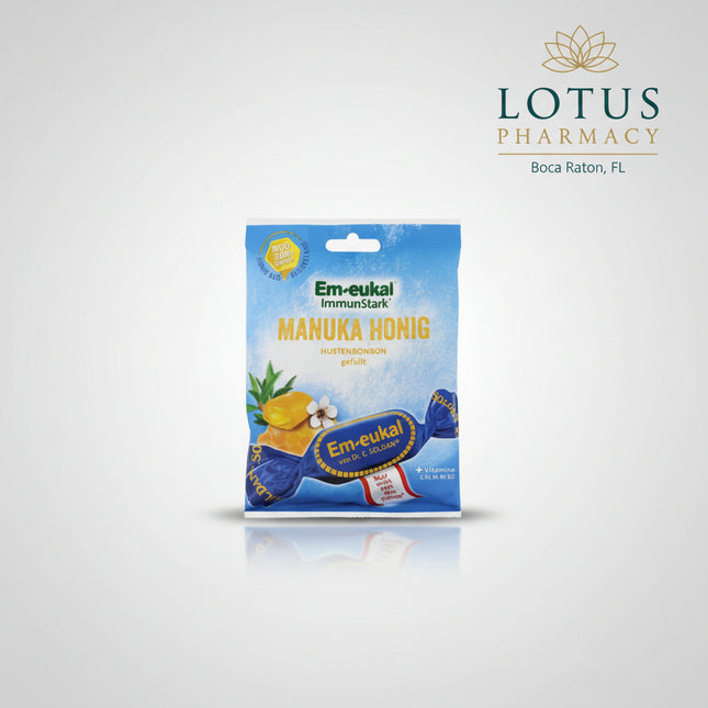 Em-eukal® Manuka Honey Filled Cough Drops are premium German throat candies featuring a soft aromatic filling and 11% genuine Manuka honey from New Zealand with MGO 300+ quality. They combine the rich sweetness of Manuka honey with a delicate herbal note, peppermint, eucalyptus oil, and menthol.