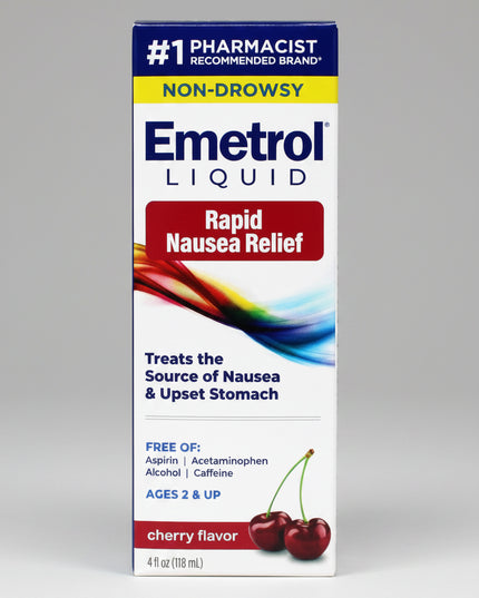 Emetrol® Rapid Nausea Relief is a non-drowsy liquid medication formulated to relieve nausea and upset stomach caused by overeating, stomach upset, motion discomfort, intestinal flu, and food or drink indiscretions. Unlike many products that coat the stomach, Emetrol works by calming the stomach to provide rapid relief. It is free from alcohol, caffeine, antihistamines, and aspirin.&nbsp;