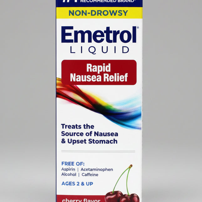 Emetrol® Rapid Nausea Relief is a non-drowsy liquid medication formulated to relieve nausea and upset stomach caused by overeating, stomach upset, motion discomfort, intestinal flu, and food or drink indiscretions. Unlike many products that coat the stomach, Emetrol works by calming the stomach to provide rapid relief. It is free from alcohol, caffeine, antihistamines, and aspirin.&nbsp;