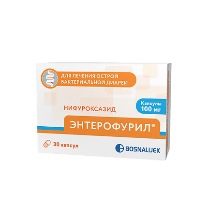 Box of Enterofuril capsules with Bosnalukek branding on a green background
