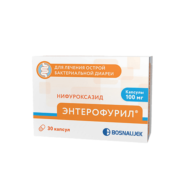 Box of Enterofuril capsules with Bosnalukek branding on a green background