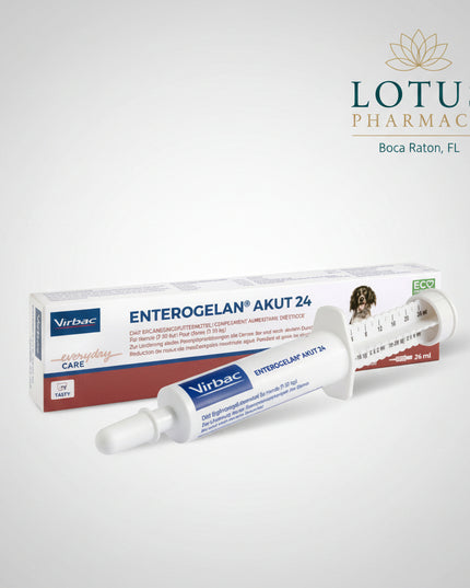 Enterogelan® Akut 24 by Virbac is a veterinary dietary supplementary feed paste for dogs formulated to help reduce acute intestinal absorption disturbances during and after acute diarrhea. The 24 formulation is specifically intended for dogs weighing 7–30 kg (15–66 lb).