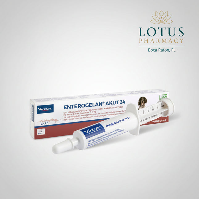 Enterogelan® Akut 24 by Virbac is a veterinary dietary supplementary feed paste for dogs formulated to help reduce acute intestinal absorption disturbances during and after acute diarrhea. The 24 formulation is specifically intended for dogs weighing 7–30 kg (15–66 lb).