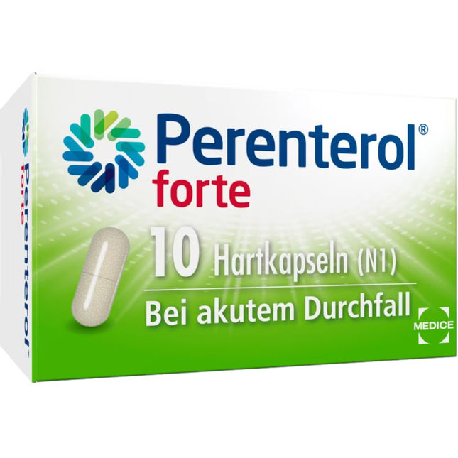 Perenterol forte packaging with capsule illustration on a white background