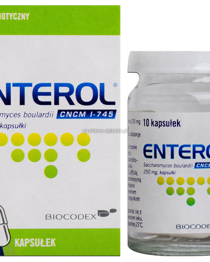 Enterol supplement packaging with capsules on a white background