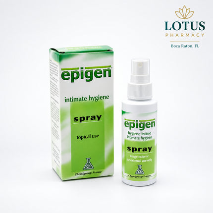 Epigen Intim Spray is a topical intimate-care product containing 0.1% glycyrrhizic acid, derived from licorice root. It is designed for the care of intimate skin and mucous membranes and may help soothe irritation, itching, burning, and dryness in the vulvovaginal area.