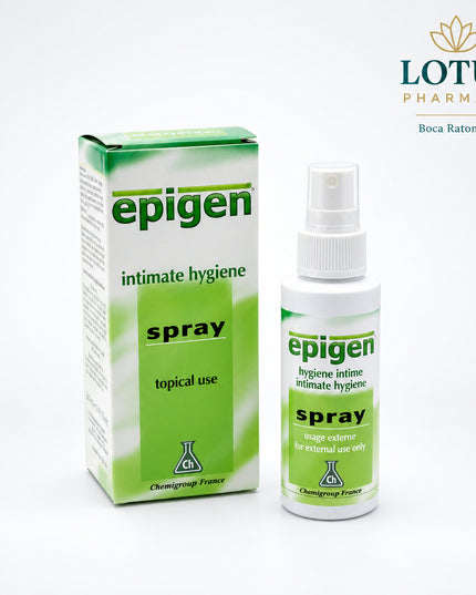 Epigen Intim Spray is a topical intimate-care product containing 0.1% glycyrrhizic acid, derived from licorice root. It is designed for the care of intimate skin and mucous membranes and may help soothe irritation, itching, burning, and dryness in the vulvovaginal area.