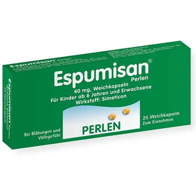 Espumisan Perlen packaging with green and white design