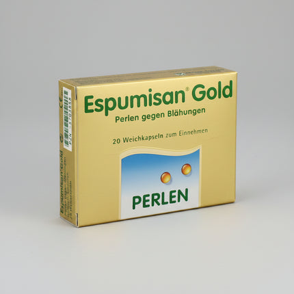 Espumisan Gold Perlen are soft gel capsules containing simethicone, a defoaming agent that helps reduce excessive gas and related digestive sensations by breaking up gas bubbles in the stomach and intestines. This action supports easier gas passage and relief from symptoms like abdominal fullness, pressure, and cramping.