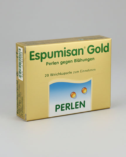 Espumisan Gold Perlen are soft gel capsules containing simethicone, a defoaming agent that helps reduce excessive gas and related digestive sensations by breaking up gas bubbles in the stomach and intestines. This action supports easier gas passage and relief from symptoms like abdominal fullness, pressure, and cramping.