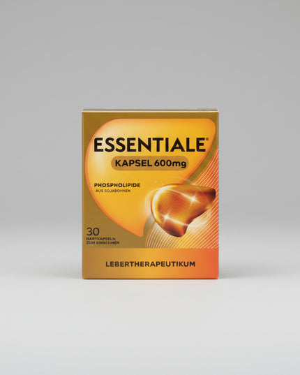 Essentiale® 600 mg Capsules is an over-the-counter medicinal product containing 600 mg of essential phospholipids from soybeans per capsule. It is used to help relieve symptoms associated with liver damage, including loss of appetite, a feeling of pressure in the upper right abdomen, and discomfort related to fatty liver or toxic liver injury. Essential phospholipids help support the regeneration of liver cell membranes and normal liver function.