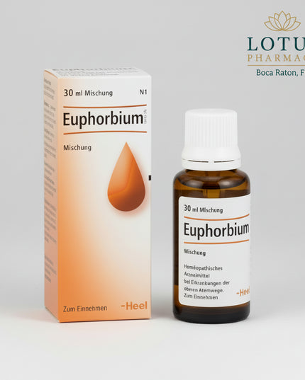 Euphorbium Compositum SN® Oral Drops by Heel are a homeopathic oral medicine traditionally used for symptoms associated with rhinitis and sinusitis.

The 30 mL oral formulation combines six homeopathic ingredients: Euphorbium, Pulsatilla pratensis, Luffa operculata, Hydrargyrum biiodatum, Hepar sulfuris, and Argentum nitricum. Heel's international product information lists the oral drops for rhinitis of various origins, including infectious and allergic rhinitis, as well as acute or chronic sinusitis.