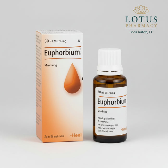 Euphorbium Compositum SN® Oral Drops by Heel are a homeopathic oral medicine traditionally used for symptoms associated with rhinitis and sinusitis.

The 30 mL oral formulation combines six homeopathic ingredients: Euphorbium, Pulsatilla pratensis, Luffa operculata, Hydrargyrum biiodatum, Hepar sulfuris, and Argentum nitricum. Heel's international product information lists the oral drops for rhinitis of various origins, including infectious and allergic rhinitis, as well as acute or chronic sinusitis.