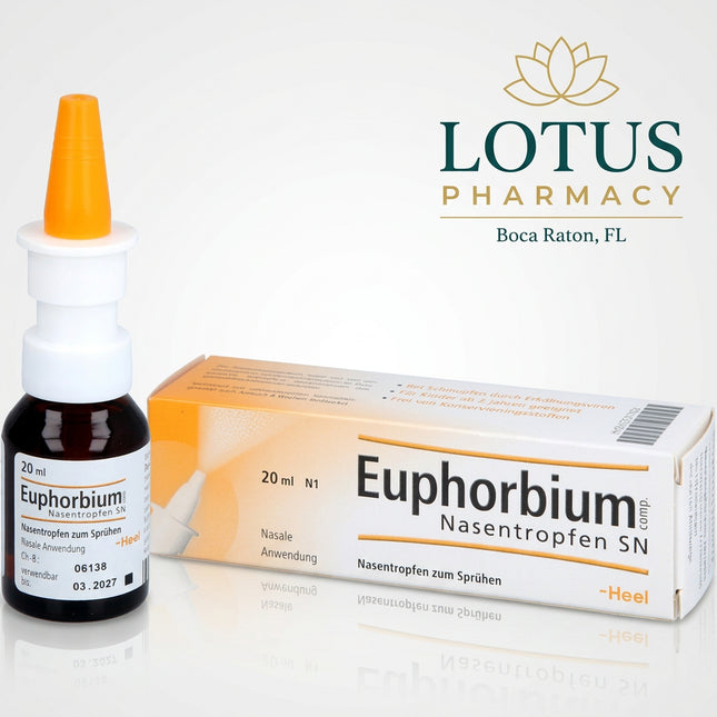 Euphorbium compositum Nasentropfen SN is a German homeopathic nasal spray from Heel used for acute rhinitis (runny or stuffy nose) and as supportive therapy for sinus inflammation. It is designed to moisturize and support irritated, dry nasal mucosa while helping maintain comfortable nasal breathing.