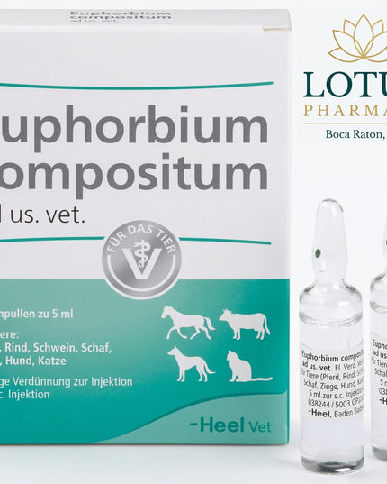 Euphorbium compositum ad us. vet. is a homeopathic veterinary medicine from Heel supplied as a liquid dilution for injection. It is intended for veterinary use in horses, cattle, pigs, sheep, goats, dogs, and cats.