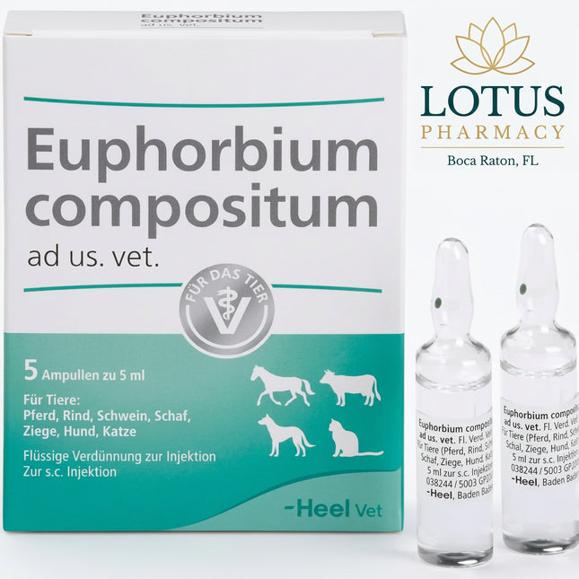 Euphorbium compositum ad us. vet. is a homeopathic veterinary medicine from Heel supplied as a liquid dilution for injection. It is intended for veterinary use in horses, cattle, pigs, sheep, goats, dogs, and cats.