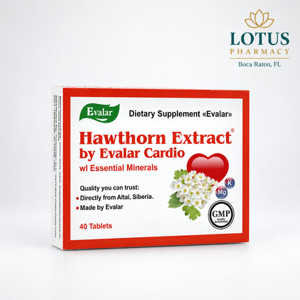 Evalar Hawthorn Extract is a cardiovascular wellness supplement combining hawthorn flower and leaf extract with potassium and magnesium. The formula is designed to support normal heart function, circulation, and healthy heart rhythm as part of a daily wellness routine.