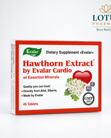 Evalar Hawthorn Extract is a cardiovascular wellness supplement combining hawthorn flower and leaf extract with potassium and magnesium. The formula is designed to support normal heart function, circulation, and healthy heart rhythm as part of a daily wellness routine.