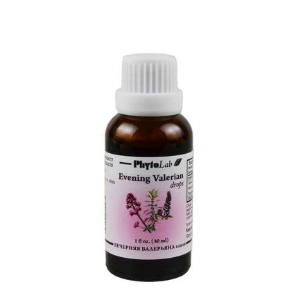 Bottle of PhytoLab Evening Valerian drops on a white background