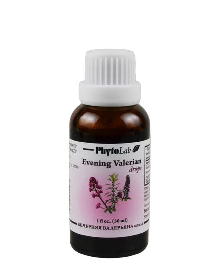 Bottle of PhytoLab Evening Valerian drops on a white background