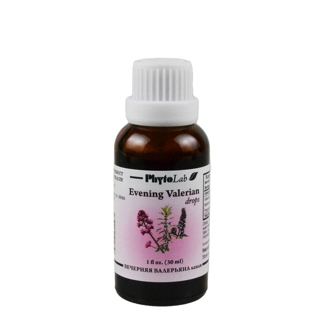 Bottle of PhytoLab Evening Valerian drops on a white background