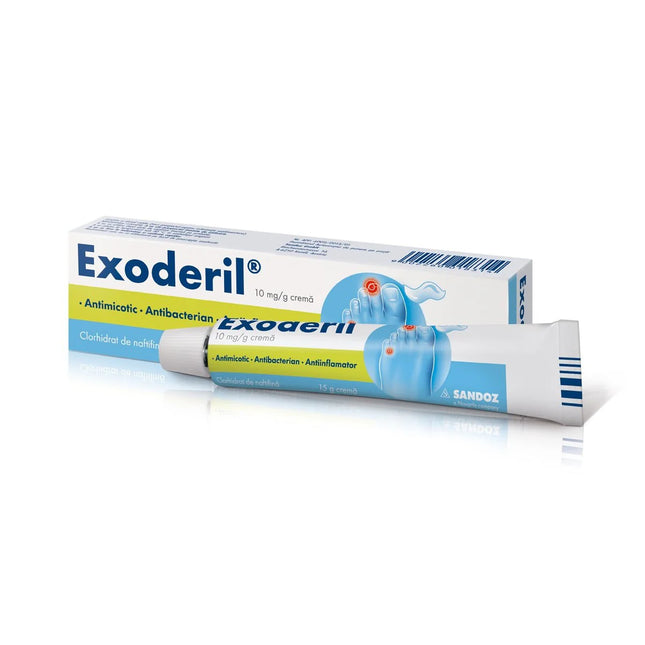 A tube of Exoderil cream with its packaging box, indicating that it is an antifungal and antibacterial medication.