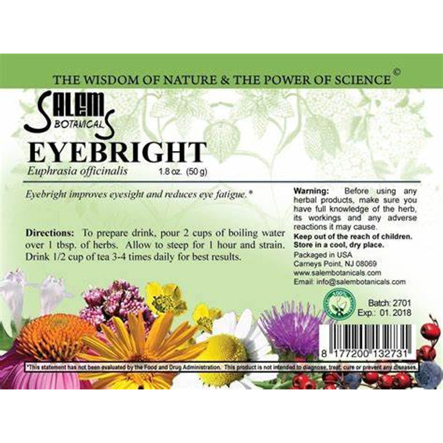 Salem Botanicals Eyebright product label with herbal imagery and text.