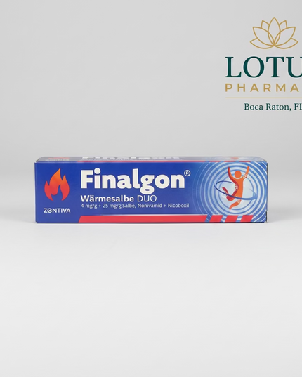FINALGON® DUO is a powerful warming ointment designed to relieve muscle pain, joint discomfort, lower-back tension, sprains, and strains.
Its dual-action formula combines nicoboxil (a vasodilator that boosts blood circulation) and nonivamide (a capsaicin-like ingredient that provides strong localized warmth). Together, they deliver fast, deep-warming relief that helps relax tight muscles, support mobility, and reduce discomfort.