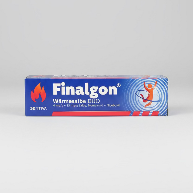 FINALGON® DUO is a powerful warming ointment designed to relieve muscle pain, joint discomfort, lower-back tension, sprains, and strains.
Its dual-action formula combines nicoboxil (a vasodilator that boosts blood circulation) and nonivamide (a capsaicin-like ingredient that provides strong localized warmth). Together, they deliver fast, deep-warming relief that helps relax tight muscles, support mobility, and reduce discomfort.