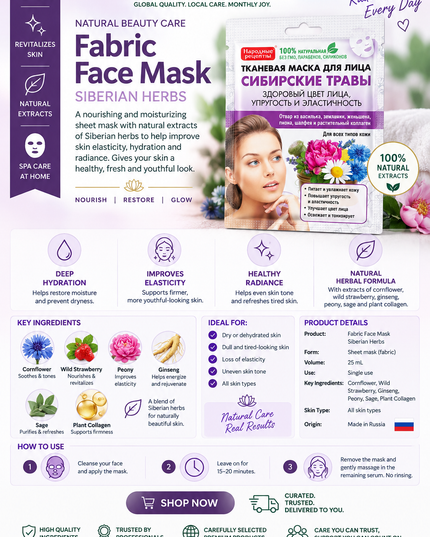 Narodnye Recepty Fabric Face Mask – 25 mL | Nourishing & Moisturizing Sheet Mask for Soft, Smooth Skin