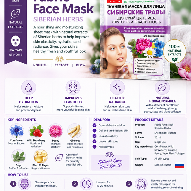 Narodnye Recepty Fabric Face Mask – 25 mL | Nourishing & Moisturizing Sheet Mask for Soft, Smooth Skin