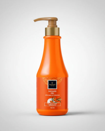 famirel, famirel shower gel, sea buckthorn shower gel, dead sea minerals, moisturizing body wash, nourishing shower gel, body cleanser, hydrating shower gel, aloe vera body wash, chamomile shower gel, cucumber extract, macadamia oil, avocado oil, vitamin e body wash, dead sea skincare, body care, shower gel, фамирель, гель для душа, облепиха, минералы мертвого моря, увлажняющий гель для душа, уход за телом, алоэ вера, ромашка, масло авокадо, масло макадамии, gel de ducha famirel, espino amarillo, minerales 