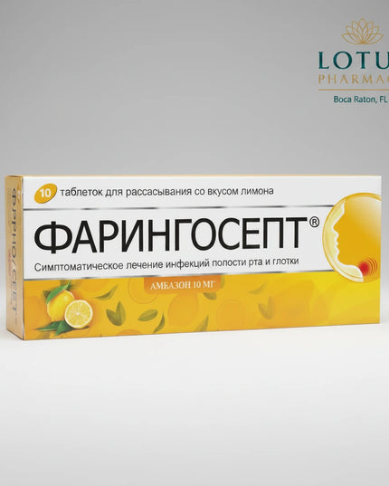Faringosept is a&nbsp;local antiseptic lozenge used to help relieve sore throat and irritation of the mouth and pharynx. Its active ingredient, ambazone (also called amidazobenzene), has antibacterial and mild anti-inflammatory properties, helping reduce microbial load in the throat and soothe discomfort.
