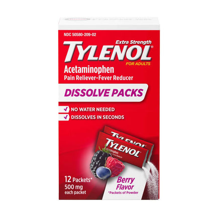 Tylenol Extra Strength Dissolve Packs are single-dose powder packets containing acetaminophen 500 mg per packet for temporary relief of minor aches and pains and reduction of fever. The berry-flavored powder dissolves on the tongue without water, making it a convenient option for travel, work, or situations where swallowing tablets is difficult.

Typical uses include temporary relief of headache, muscular aches, backache, minor arthritis pain, toothache, menstrual cramps, and aches associated with the commo