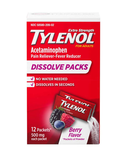 Tylenol Extra Strength Dissolve Packs are single-dose powder packets containing acetaminophen 500 mg per packet for temporary relief of minor aches and pains and reduction of fever. The berry-flavored powder dissolves on the tongue without water, making it a convenient option for travel, work, or situations where swallowing tablets is difficult.

Typical uses include temporary relief of headache, muscular aches, backache, minor arthritis pain, toothache, menstrual cramps, and aches associated with the commo