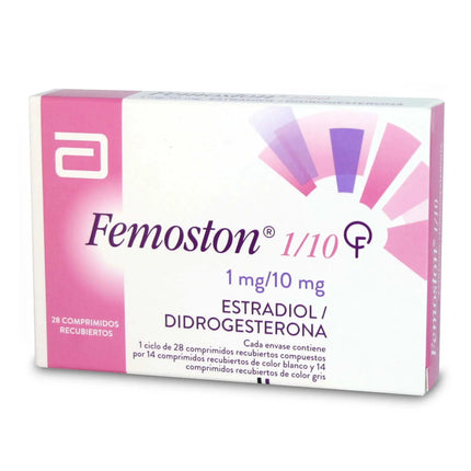 Femoston medication packaging with pink and white design