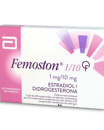 Femoston medication packaging with pink and white design