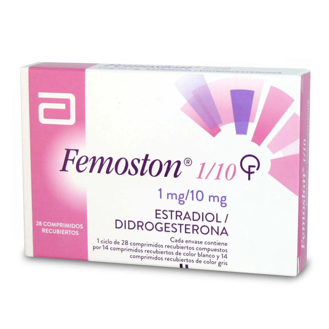 Femoston medication packaging with pink and white design