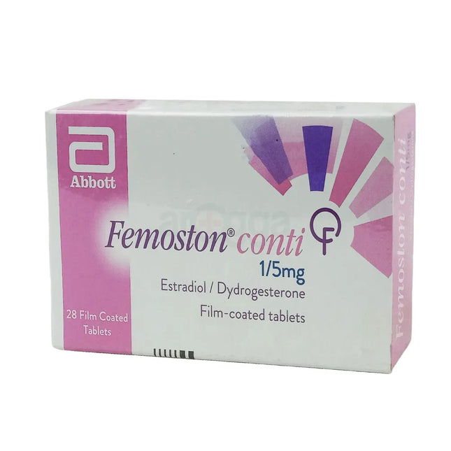 Box of Femoston conti medication by Abbott with pink and white design.