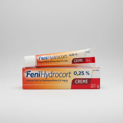 FeniHydrocort Cream 0.25% is a mild topical corticosteroid containing hydrocortisone 2.5 mg/g, used to relieve inflammation, redness, swelling, and itching associated with allergic skin reactions and inflammatory skin conditions. It is commonly used for insect bites, allergic rashes, mild eczema, contact dermatitis, and sun-related skin irritation. The cream helps calm irritated skin and reduce discomfort while being suitable for short-term use on sensitive skin areas as directed by a healthcare professiona