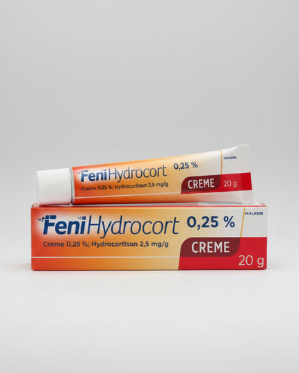 FeniHydrocort Cream 0.25% is a mild topical corticosteroid containing hydrocortisone 2.5 mg/g, used to relieve inflammation, redness, swelling, and itching associated with allergic skin reactions and inflammatory skin conditions. It is commonly used for insect bites, allergic rashes, mild eczema, contact dermatitis, and sun-related skin irritation. The cream helps calm irritated skin and reduce discomfort while being suitable for short-term use on sensitive skin areas as directed by a healthcare professiona