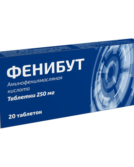 Blue box of FENYBUT tablets with white text on a white background