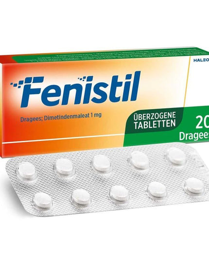 Fenistil tablet packaging with tablets on a white background
