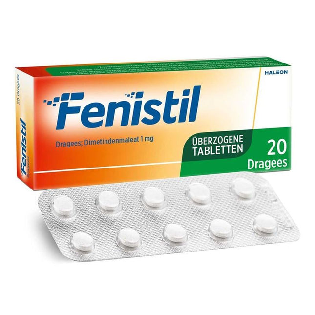 Fenistil tablet packaging with tablets on a white background