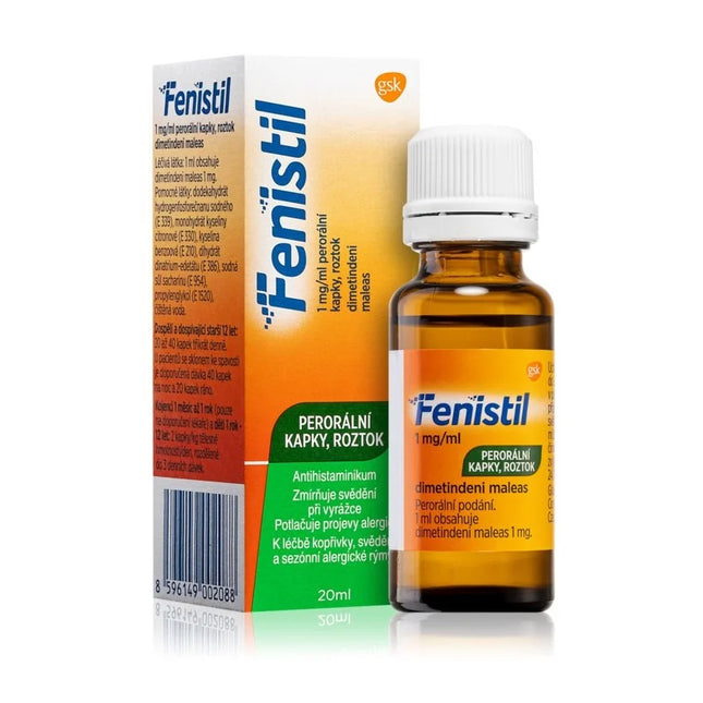 Fenistil bottle and packaging on a white background