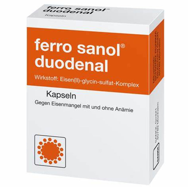 Box of ferro sanol duodenal capsules on a white background