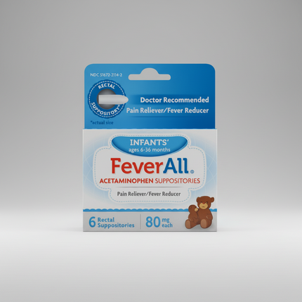 FeverAll® 80 mg or 325 mg Rectal Suppositories provide temporary relief of fever and minor aches and pains in infants and young children when oral medication is difficult to administer. Each suppository contains 80 mg or 325 mg of acetaminophen, a trusted pain reliever and fever reducer.