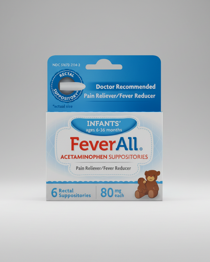 FeverAll® 80 mg or 325 mg Rectal Suppositories provide temporary relief of fever and minor aches and pains in infants and young children when oral medication is difficult to administer. Each suppository contains 80 mg or 325 mg of acetaminophen, a trusted pain reliever and fever reducer.