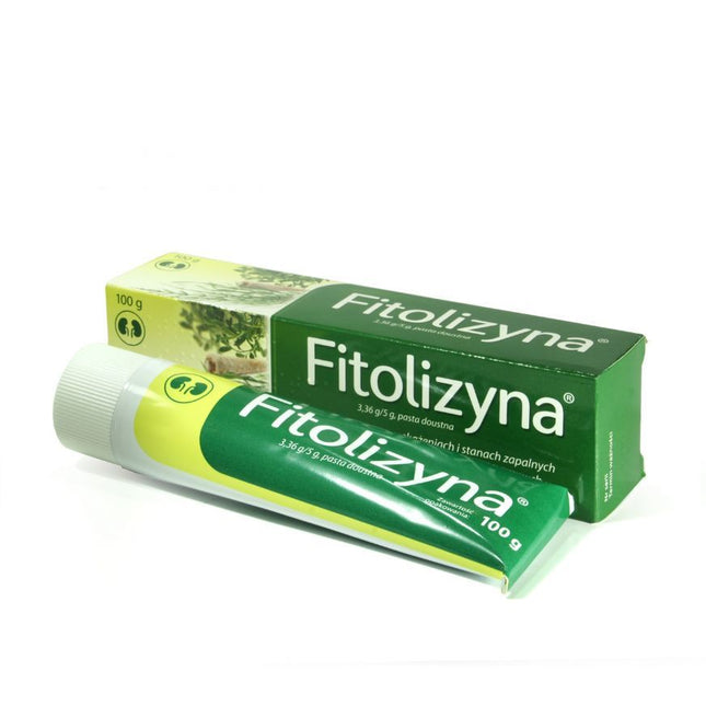 A box and tube of PHYTOLYSIN oral paste, with green and white packaging, displaying the product name and plant illustrations.